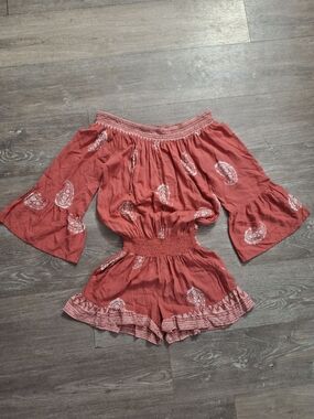 Off-Shoulder Rust Paisley Romper